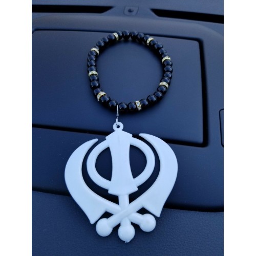 Singh kaur punjabi sikh white khanda pendant car rear mirror hanging mala a2