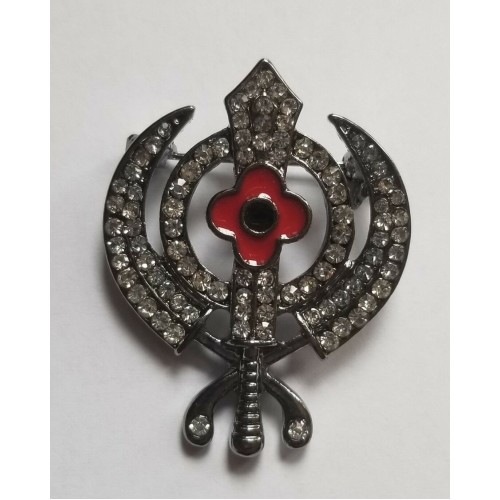 Stunning diamonte black affect sikh singh kaur khalsa poppykhanda brooch pin