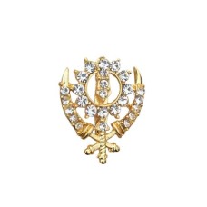 Khanda brooch gold plated stunning diamonte sikh king pin singh kaur broach n1