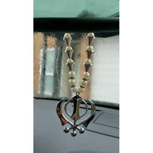 Silver plated punjabi sikh large khanda pendant car hanging white pearl beads
