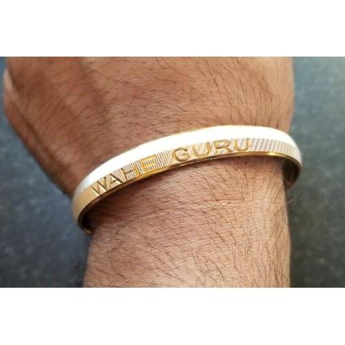 Two tone silver gold plated waheguru engraved sikh singh khalsa kara bangle t1