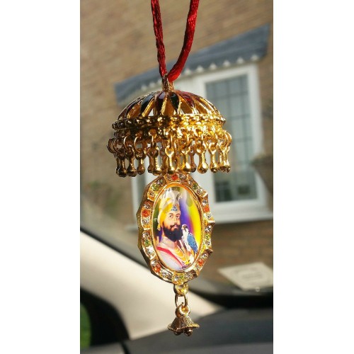Gold plated sikh guru nanak guru gobind singh pendant chabba car mirror hanging