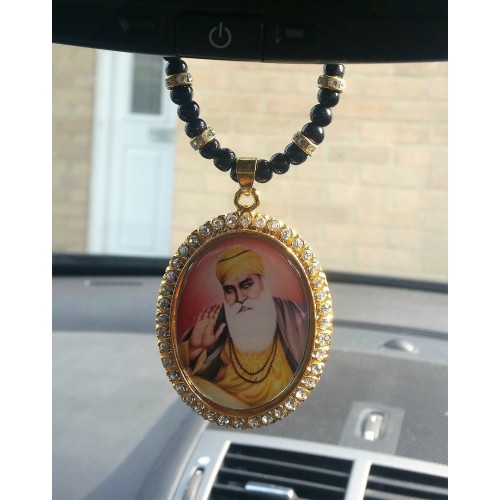 Gold plated Punjabi Sikh Guru Nanak Pendant Car Hanging - black beads & Crystals