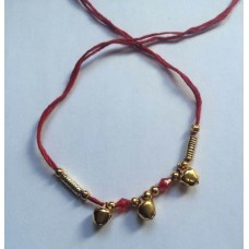 Good Luck Hindu red thread with 3 dangling bells Bracelet 24 Ct Gold affect V1