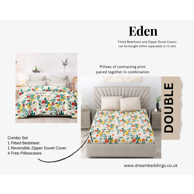 Dream Beddings Eden Floral Cotton Fitted Sheets and Duvet Covers | White, Red, Green, and Yellow | Premium Quality