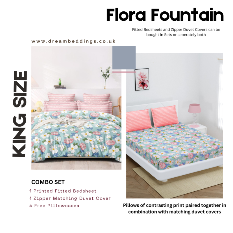 Dream Beddings FLORA FOUNTAIN Bedding - Fitted Sheets | Duvet Cover | Pastel Combination of Florals | Cotton | Sky Blue and Pink