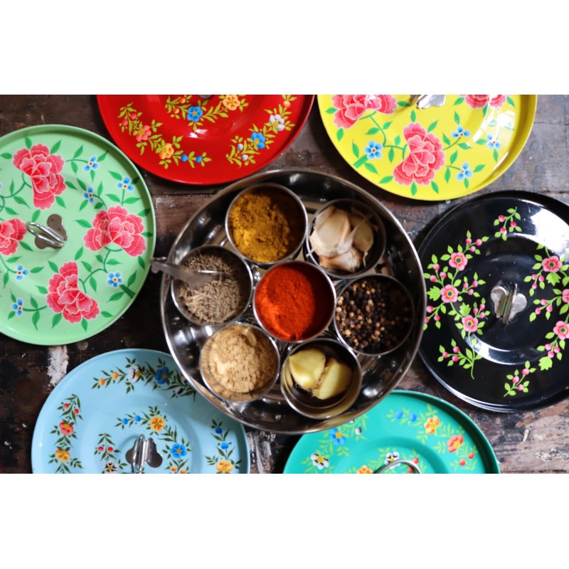 Pretty Tiffin Spice Tin Masala Dabba Spice Storage Dabba Box Hand Painted Stainless Steel Flowers Holds 7 Spices