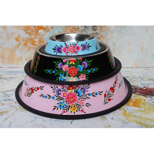 Pretty Tiffin Extra Large Designer Dog Bowl - Hand Painted Stainless Steel - Striking Floral - Anti Slip Base - Luxury Pet Bowl