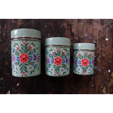 Pretty Tiffin Classic Kitchen Canister Set - Three Hand Painted Stainless Steel Floral Tea Coffee Sugar Canister Set, Tea Caddy, Tea Tin, Sugar Jar, Chai Tin