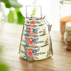 Pretty Tiffin Traditional Indian Three Compartment Lunch Box Hand Painted Stainless Steel Floral Burst - Indian Tiffin, Compartment Lunch Box, Tiffin Box, Dabba Box, Indian Lunch Box