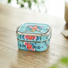 Pretty Tiffin Bento Box Hand Painted Floral Bouquet Stainless Steel Square Lunch Box, Sandwich Tin, Snack Box