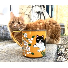 Hand Painted Stainless Steel Cat Mug, Tin Mug, Camping Mug, Gardeners Mug, Enamel Mug, Cat Art, Cat lover,