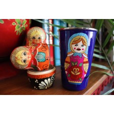 Hand Painted Stainless Steel Tumbler Metal Cup, Camping Cup, Water Cup, Enamel Cup, Russian Doll, Folk art