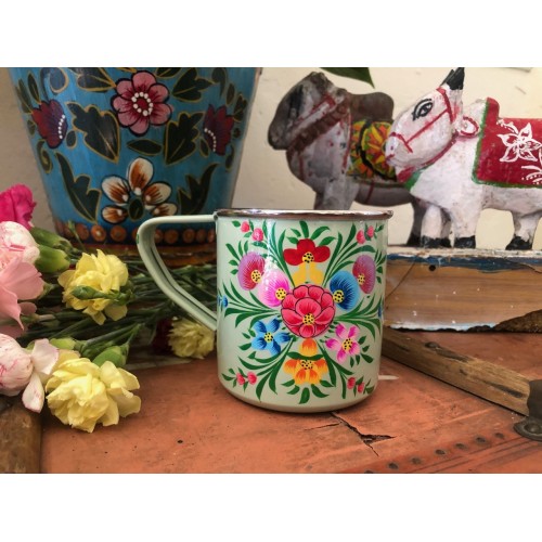Hand Painted Scandi Style Enamel Mug, Tin Mug , Camping Mug, Metal Mug, Floral Coffee Mug, Folk art, Canal Boat Craft.