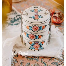 Pretty Tiffin Indian Tiffin Lunch Box Round Hand Painted Stainless Steel Floral Garland Three Compartment Food Carrier Traditional Lunch Box Metal Lunch Box