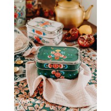 Pretty Tiffin Hand Painted Rectangle Bento Lunch Box, 2 Compartment Stainless Steel Floral Sandwich Tin