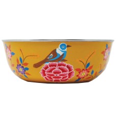 Hand Painted Salad Bowl, Fruit Bowl or Serving Bowl, Metal Bowl, 'She's An Exotic Bird' Yellow