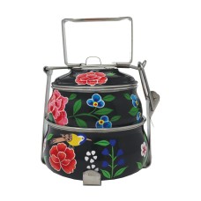 Pretty Tiffin Stainless Steel Two Compartment Traditional Indian Tiffin Lunch Box with Hand Painted Bird and Flower Design - Food Carrier & Storage