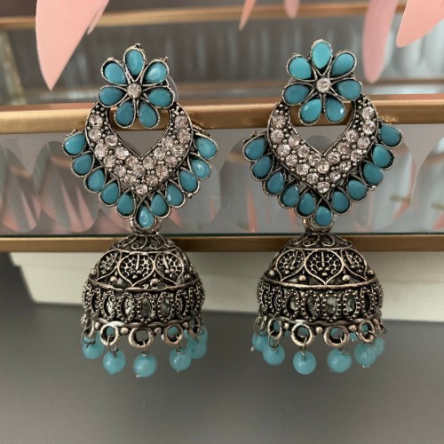 Light Blue Studded oxidised Jhumki/Earrings