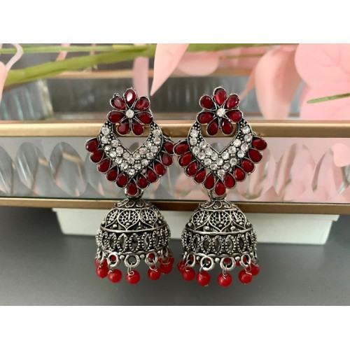 Red Studded oxidised Jhumki/Earrings