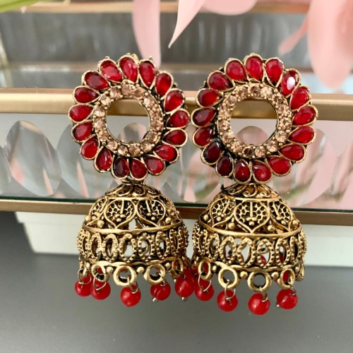 Red Studded Antique Gold Jhumki/Earrings