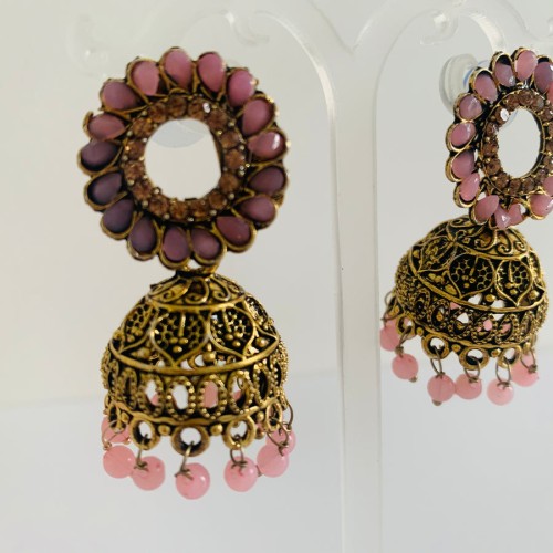 Pink Studded Antique Gold Jhumki/Earrings