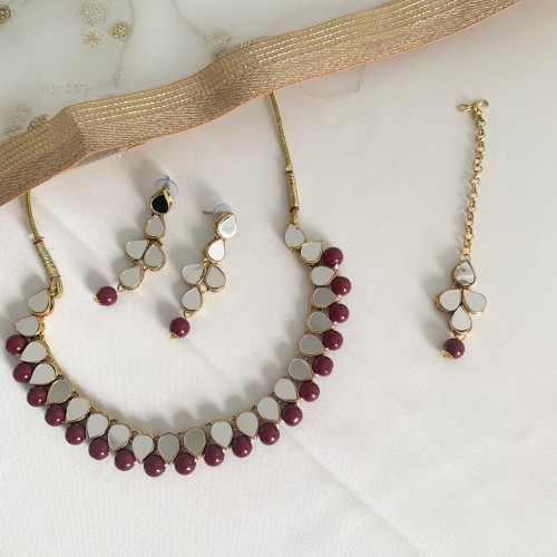 Maroon Mirror Necklace set