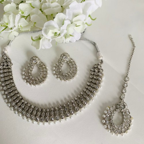 Silver Pearl Necklace Set