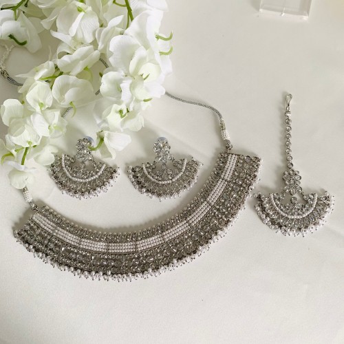 White Bead Silver Necklace Set