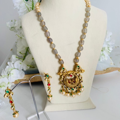 Long Kundan Beads Mala Set