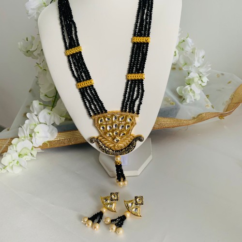 Dark Blue Kundan Long Mala Necklace Set