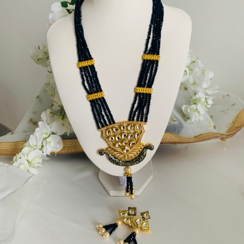 Black Kundan Long Mala Necklace Set