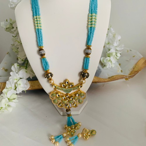 Turquoise Kundan Long Mala Necklace Set
