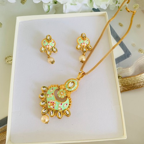 Mint Meenakari Pendant Set