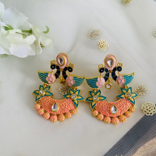 Pink Meera Peacock Earrings