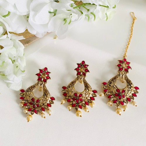 Red Antique Gold Maang Tika set