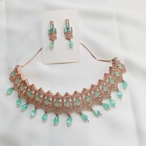 Rose Gold Green studded Necklace set