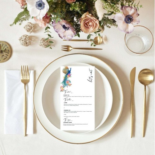 Peacock Theme Menu Cards, Printed, Personalised to any wording of your choice