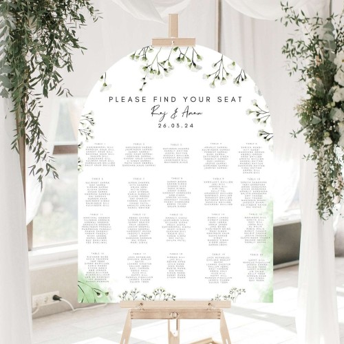 Wedding Seating Plan Sign, Arched, Breath Gypsy Flowers, Green - Printed on Foamex - A0 or A1