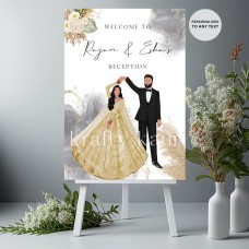Indian Wedding Modern Welcome Sign with Captivating Illustration, Printed on Foamex, Personalised, Available in A1 or A2