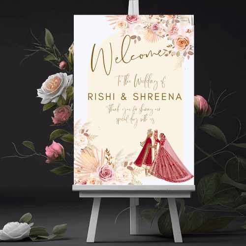 Indian Wedding Welcome Sign | Couple Illustrated | Personalised | Printed