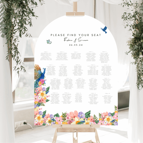 Arched Indian Wedding Seating Chart - A Peacock-Inspired Spectacle