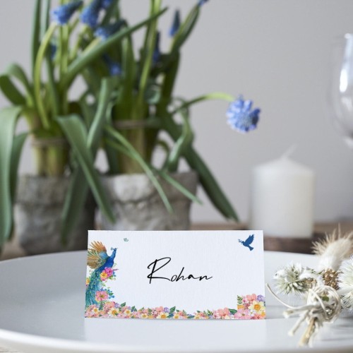 Peacock Place Cards, Personalised, Name Cards, Folded Cards, Printed, Silk, Wedding Name Cards for Guests