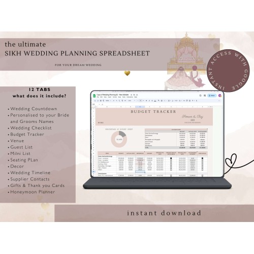 Sikh Wedding Digital Planner - Google Sheets Edition | Gift for new Couple | Budget Wedding Planner