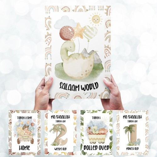 Islamic Dinosaur Miletone Cards - muslim baby girls and boys - islamic gifting - new and expectant parent gifting - baby gifitng