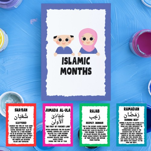 Islamic Months flash cards - Islamic learning madrassah and mosque gifts - eid gifts a6