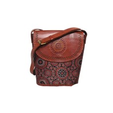 Handmade Leather Shoulder Bag with Mushru Silk Print