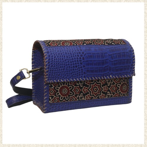 Handcrafted Blue Leather Bag with Mashru Silk Accents
