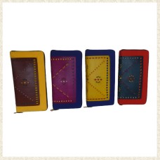 Blue and Yellow Leather Wallet with Zipper with Carvings