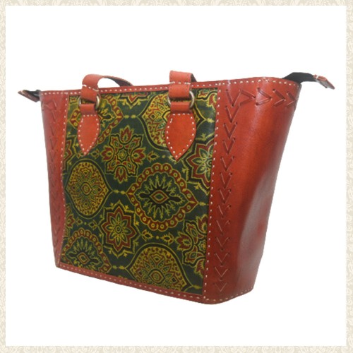 Handcrafted Leather and Mashru Silk Bag with Zipper